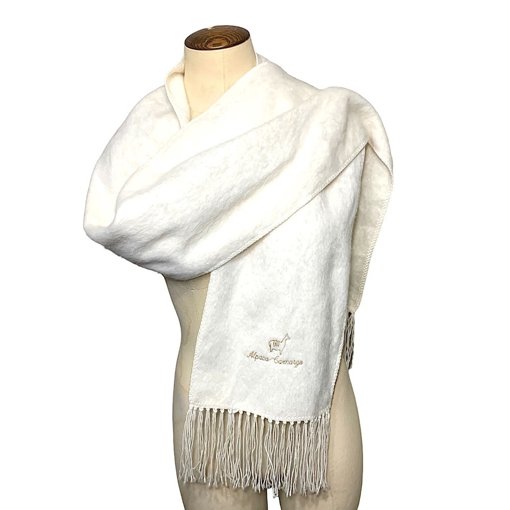 Alpaca Camargo Ivory Peruvian Scarf Soft Fuzzy Alpaca Wool Fringed Embroidered